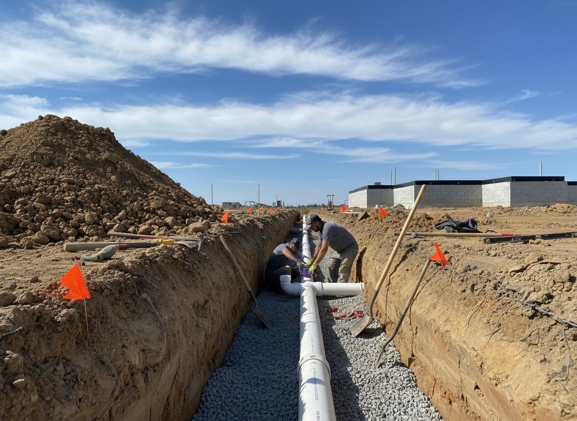Sewer line installation in trench