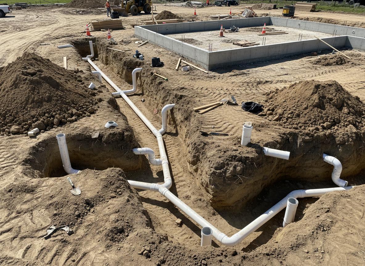 Underground drainage pipe installation in trenches